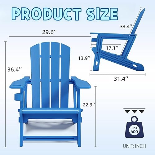 Miniatura 4 de Juego de 2 Sillas Adirondack, Sillas Adirondack de Plástico para Todo Clima, Sillas para Fogata con Portavasos, Silla de Jardín Exterior para Patio,