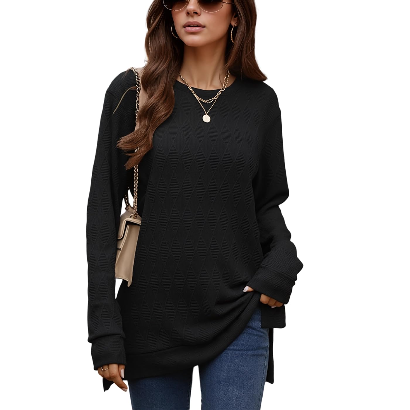 Womens Long Sleeve Cable Knit V Neck Pullover Sweater Casual Side Split Loose Fit Top