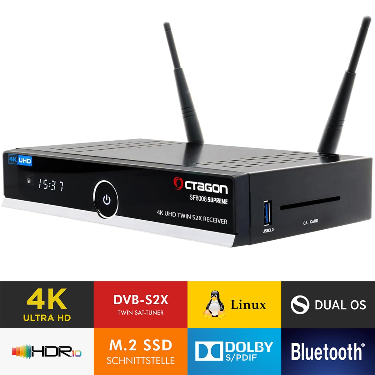 OCTAGON SF8008 UHD 4K Supreme Twin Sat Receiver + NONIC HDMI Kabel, 2X DVB-S2X Tuner, E2 Linux & Define OS, mit PVR Aufnahmefunktion, M.2 M Key, Gigabit LAN, Sat to IP, Kartenleser, WiFi WLAN