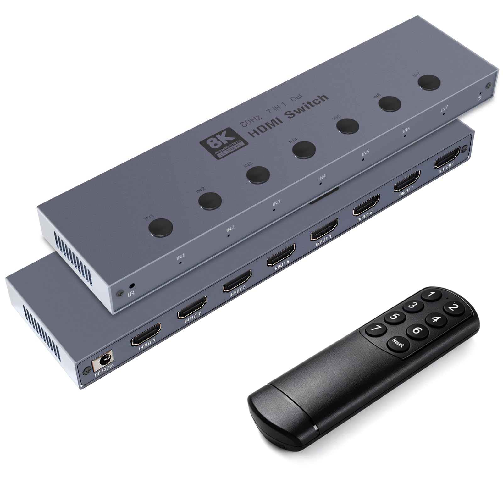 Conmutador HDMI 2.1 7x1, Tendak Aluminio 8K@60Hz HDMI Switch 7 en 1 Out HDMI Conmutador con mando a distancia IR Soporte 4K @ 120Hz/240Hz, HDR10+, HDCP 2.3