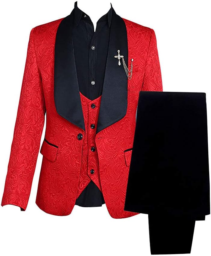 Men Paisley Jacquard Floral Slim Fit Tuxedos Wedding Groom Suits 3 Piece White Red Pink