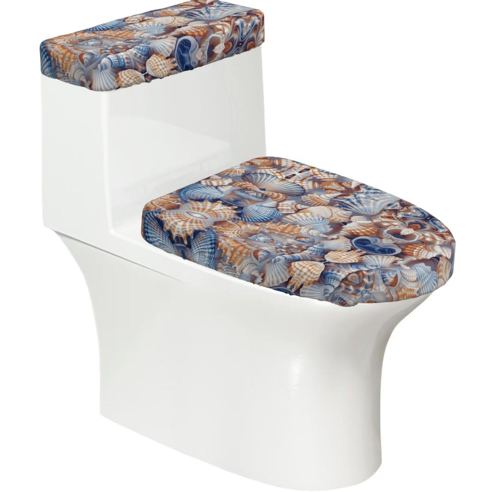 Colorful Seashells 2-Piece Toilet Seat Cover Set with Tank Lid - Elastic for U-Shape & Elongated - Bathroom Decor