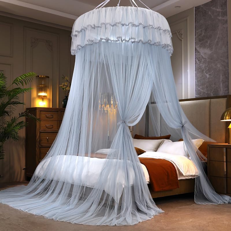 Decorative Bed Canopy for Girls & Adults - Luxury Round Mosquito Net with Double-Layer Drapes Elegant Bedroom Curtains for Queen Size Bed Decor(D,for 180x220cm Bed)