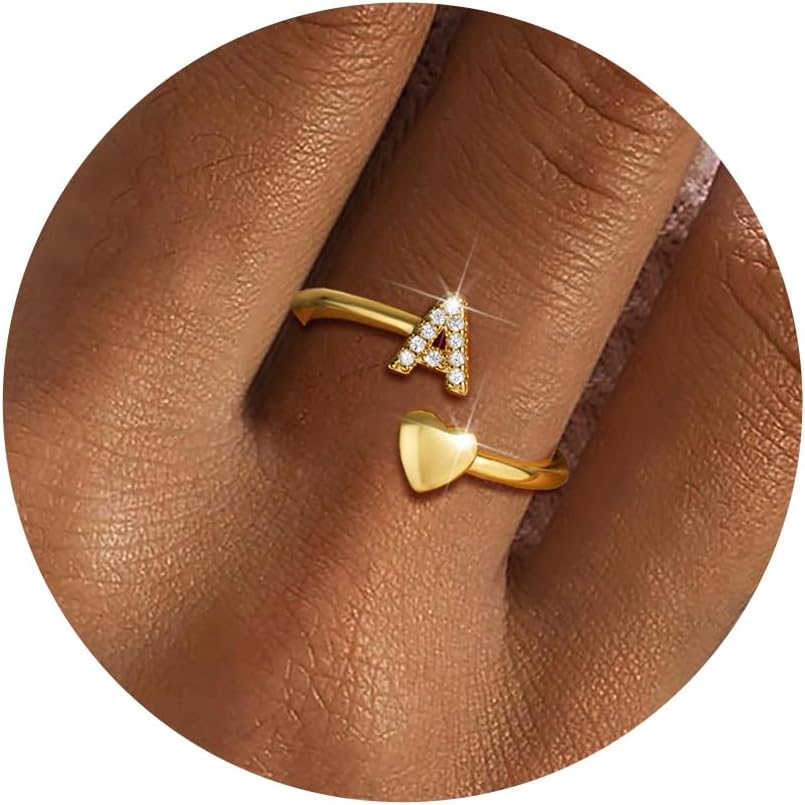 Valentines Day Gifts for Kids Teen Girls, Dainty 14K Gold Plated Adjustable Initial Rings Teen Girl Gifts Trendy Stuff Heart Ring Birthday Valentines Day Gift for Teenage Girls
