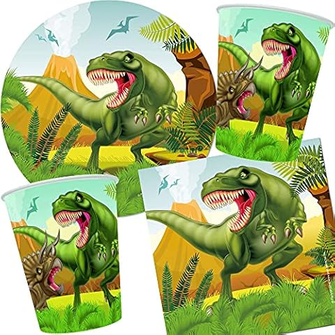 Dinosaur / T-Rex Party Set 32-Piece with Plates Cups and Napkins - Children's Birthday Party Decoration Set Cover