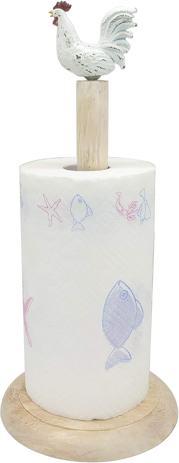Rooster Design Wood Shabby Whitewashed Paper Towel Holder Stand Up Paper Towel Holder, Easy One-Handed Tear Kitchen Paper Towel Dispenser with Weighted Base for Standard Paper Towel Rolls