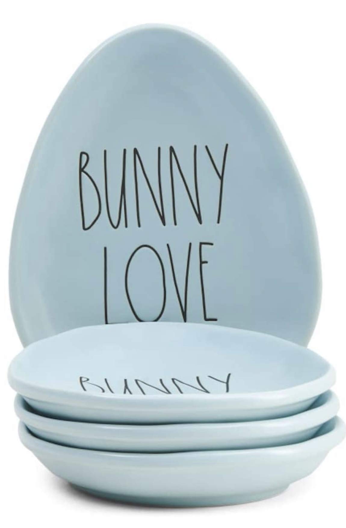 New Rae Dunn Set of 4 Egg Shaped Snack Plates (Blue BUNNY LOVE)