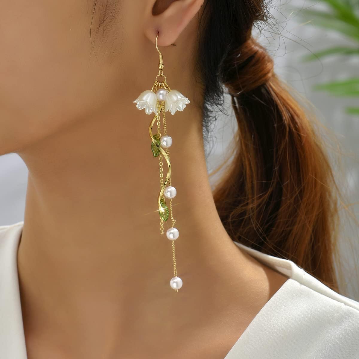 Bell Orchid Flower Earrings for Women White Lily of the Valley Floral Simulated Pearl Long Tassel Dangle Drop Earrings Wedding Bridal Jewelry - Image 4