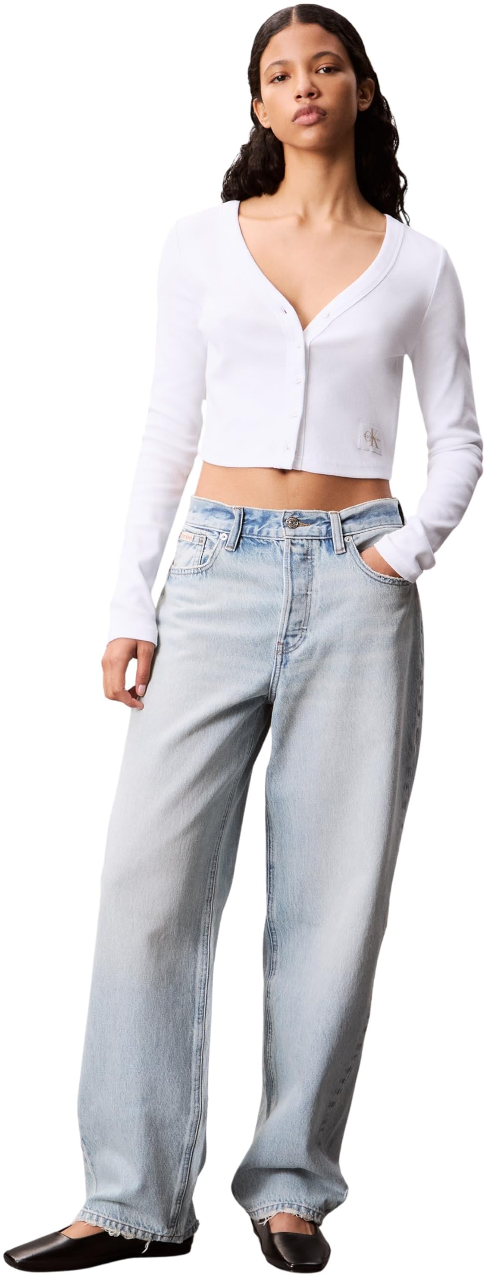 Calvin Klein Donna Giacca in Maglia Woven Label Rib con Chiusura a Bottoni
