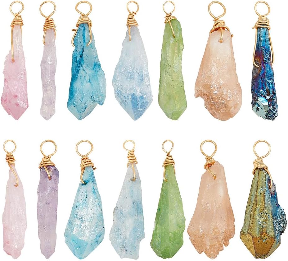 arricraft 14 Pcs 7 Colors Natural Quartz Crystal Wire Wrapped Charms, Raw Natural Stone Nuggets Charms Assorted Colors Gemstone Irregular Pendant for Gem Themed Jewelry Making, 3.5mm Hole