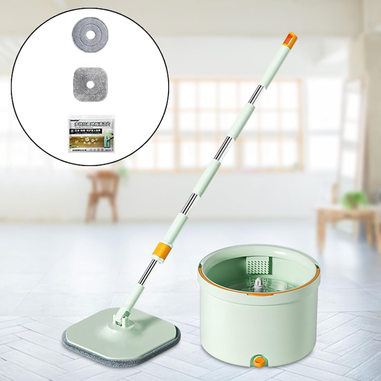 LOL-FUN モップとバケツセット汚れたきれいな水セパレーター調整可能ステンレス鋼ハンドルマイクロファイバーモップフラットモップバ