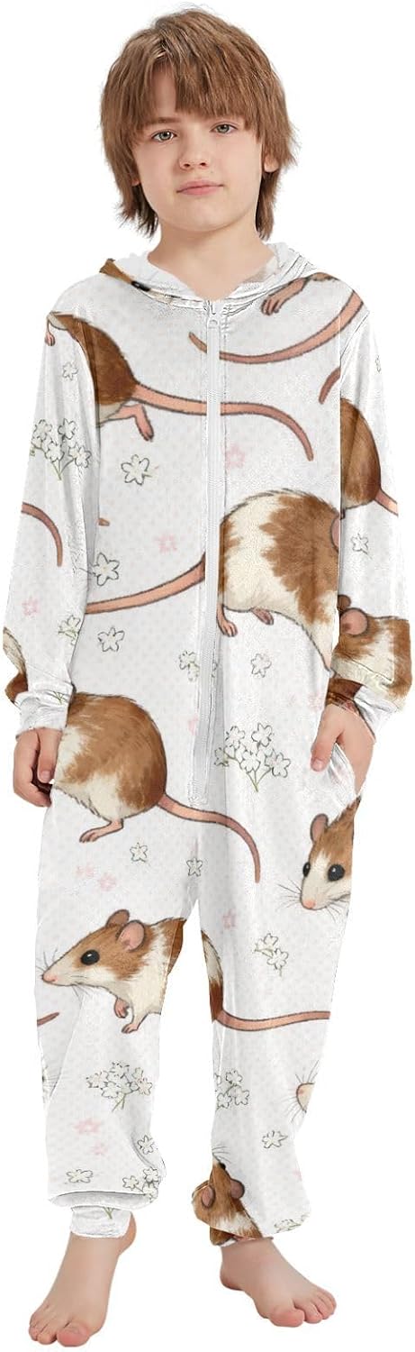 Cute Rats and Flowers White and BrownPajamasZipper Hooded Loungewear Sleepwearfor Parties Sleepovers