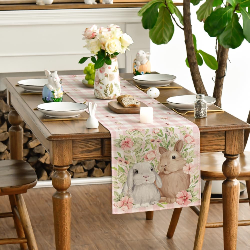 Bunny Rabbit Flowers Leaves Pink Buff Plaid Easter Table