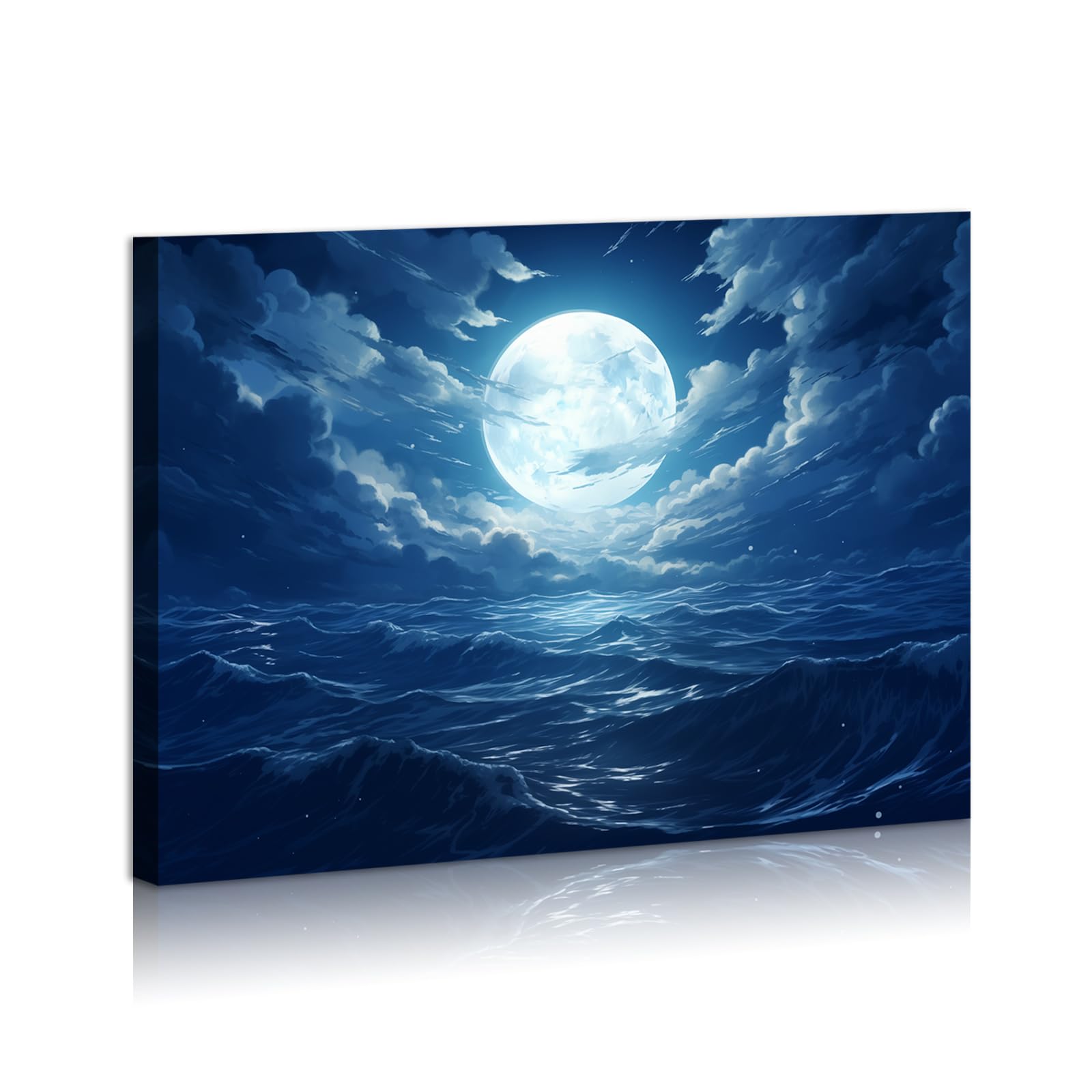 Moon Sea Ocean Landscape Wall Art Full Moon in Cloud Pictures Paintings for Living Room Bedroom Home Decorations Framed Ready To Hang 12x16 inches