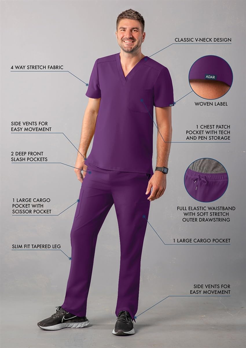 Adar Addition Go-Basic Scrub Set for Men - Classic V-Neck Scrub Top & Cargo Scrub Pants - A9300