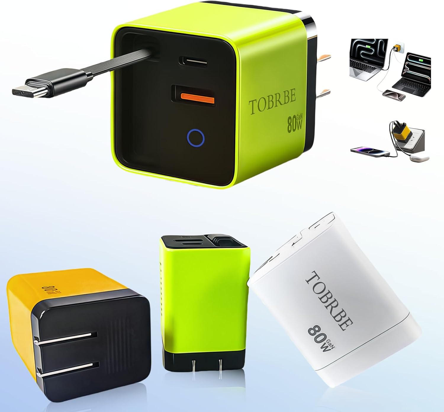Tobre 3 in 1 GaN Charger, Scalable 80W Max Fast Charging Block with Retractable Type-C Cable & 2 USB Ports, All-in-One Wall Charger for iPhone 16/15/14, Galaxy S25, Pixel,Laptops (Green, 70)