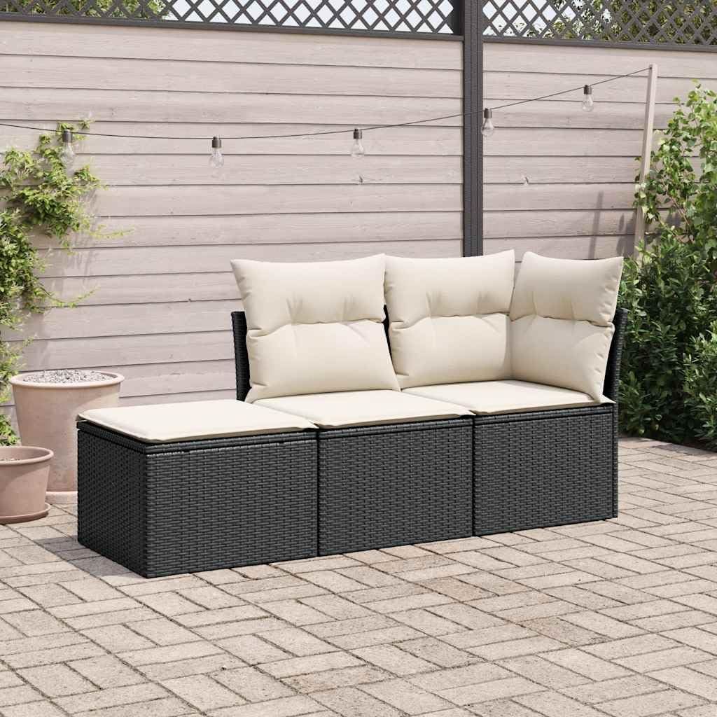 Set di mobili da giardino da 3 pezzi, colore nero, con cuscini in polyrattan, resistente alle intemperie, per terrazza, balcone e giardino d'inverno, con divano e sgabello