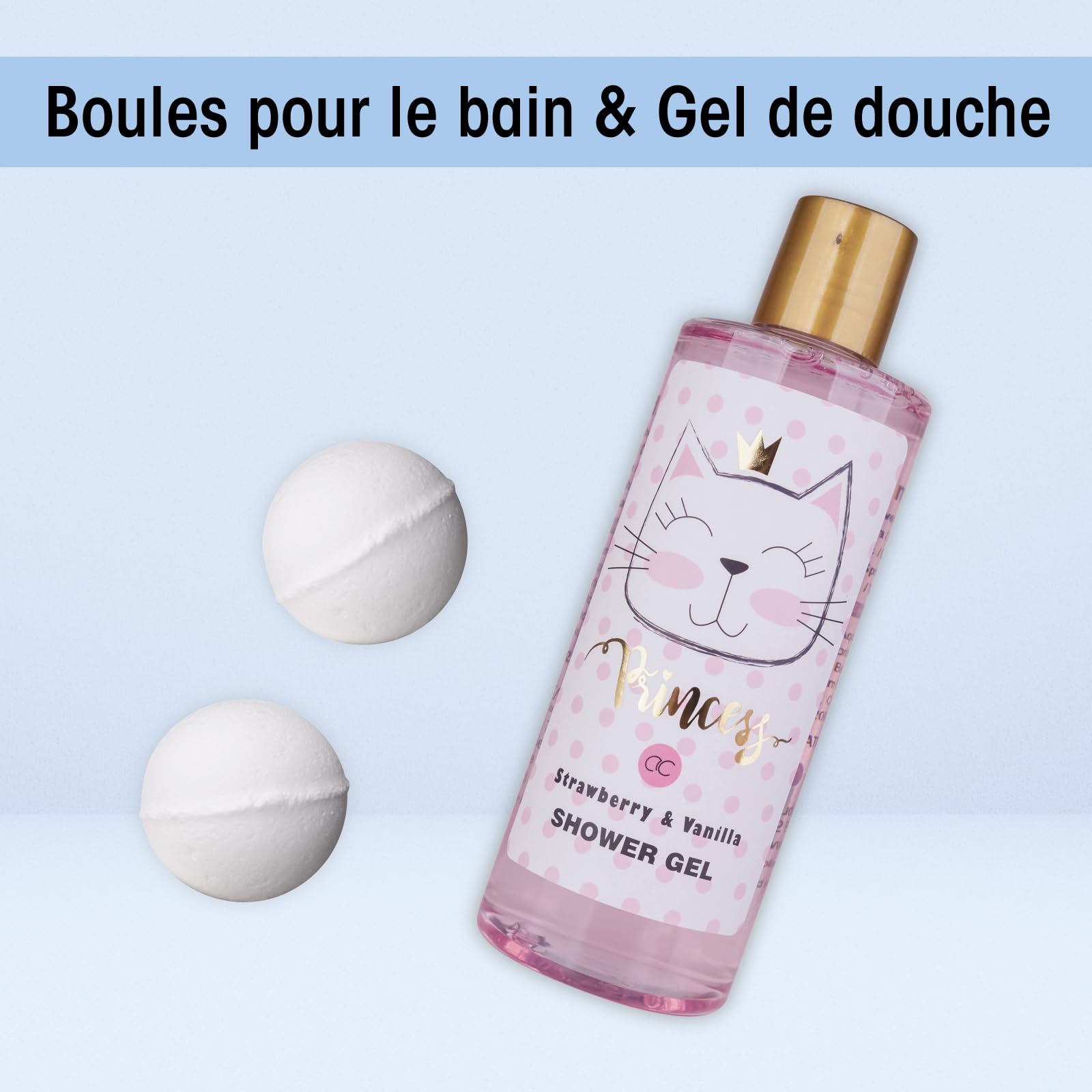 Accentra Coffret cadeau PRINCESS KITTY, coffret cadeau fille avec 250 ml gel douche, 180 ml lait corps, 180 ml gommage corps, 60 ml crème corps, 2 x 40 g bombe de bain, joli panier rose à offrir