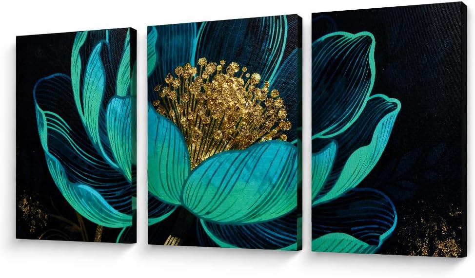 Artiluxy Set of 3 Abstract Lotus Canvas Wall Art, 12x16 Inch Green and Gold Foil Floral Prints on Stretched Canvas for Living Room Bedroom Decor