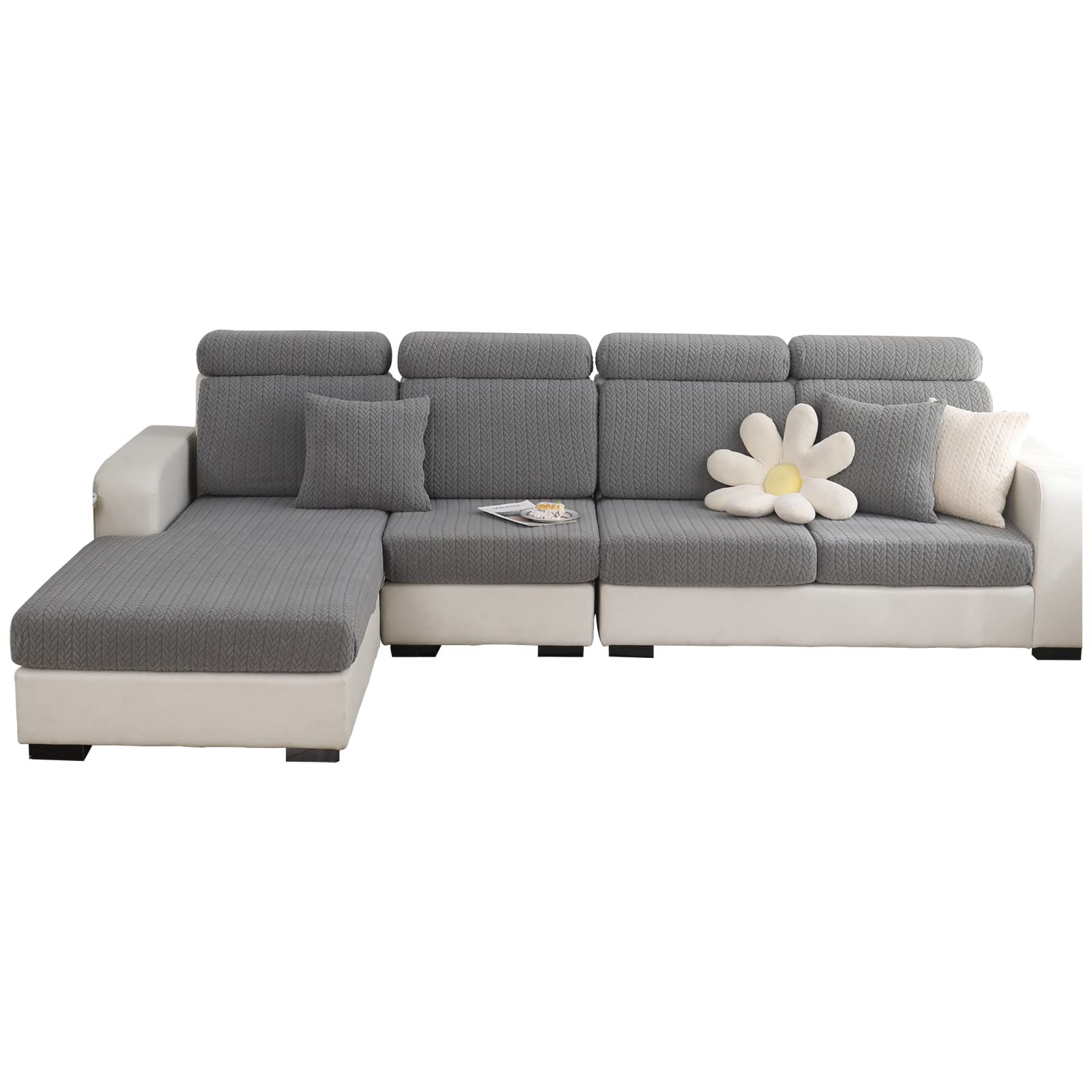 SHANNA Super Stretch Sofa Seat Cushion Cover, Universal Sofa Covers Non-Slip and Soft Sofa Slipcover, L Shape Thick Jacquard WearResistant Furniture Protector Cover (Wheat Dark Grey,1 Seater)