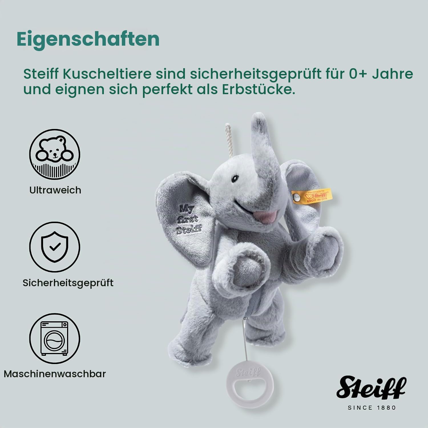 Steiff Kuscheltier My first Steiff Ellie Elefant Spieluhr, Süßes Stofftier, Jungen, Mädchen & Babys ab 0 Monaten, Friends, Spielzeug 25 cm, Hellgrau, 242731