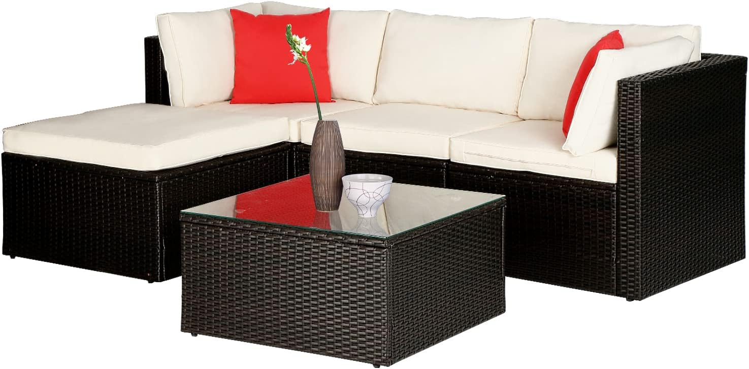 5 Pieces Patio Furniture Sets Outdoor Furniture Patio Sofa Wicker Sectional Sofa Modular Outdoor Conversation Set with 2 Red Pillow 2 Corner Chairs Armless Chair Ottoman Glass Table,Khaki Cushion