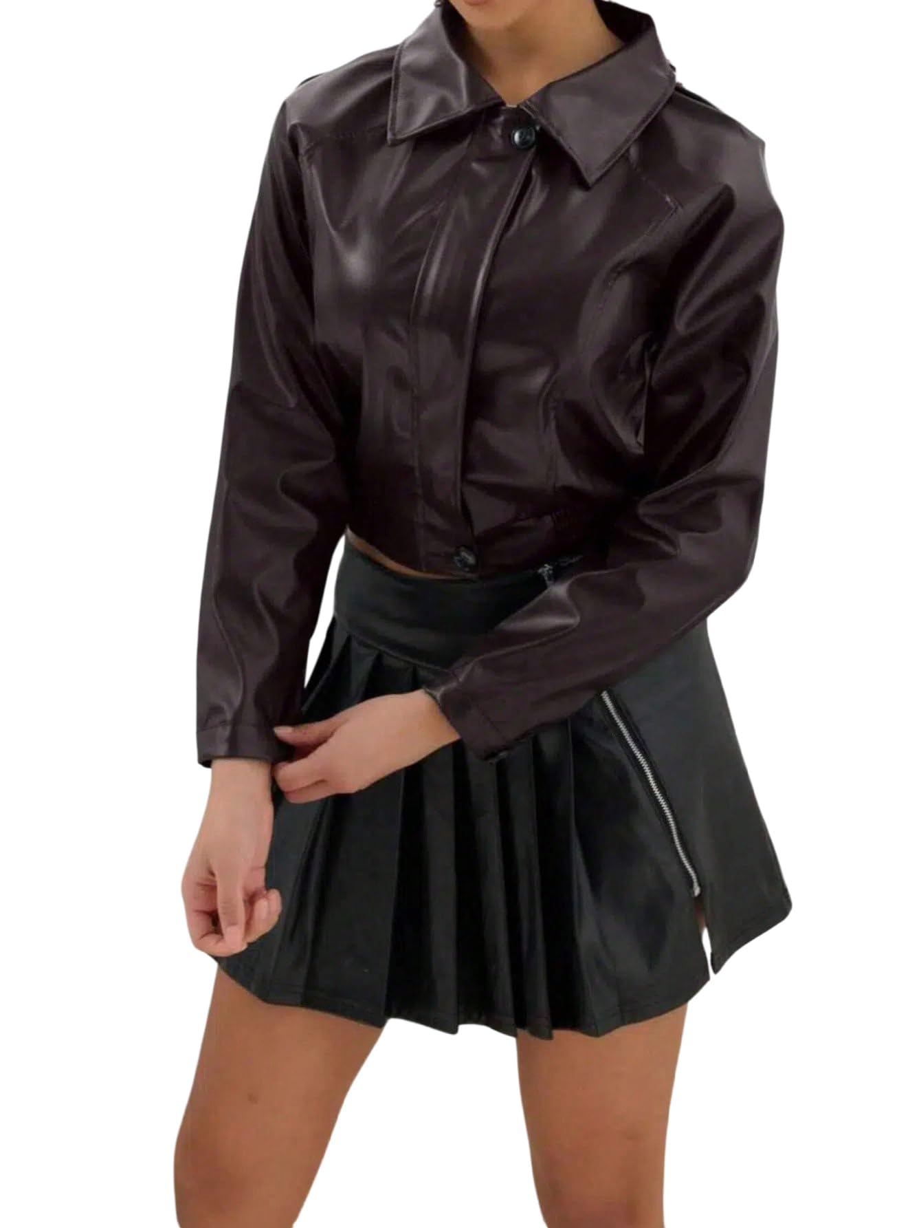 GORGLITTER Lederjacke Damen PU Leder Jacke Hemdkragen Bikerjacke Motorradjacke Herbstjakce Freizeitjacke Kurze Übergangsjacke Herbst Outfits