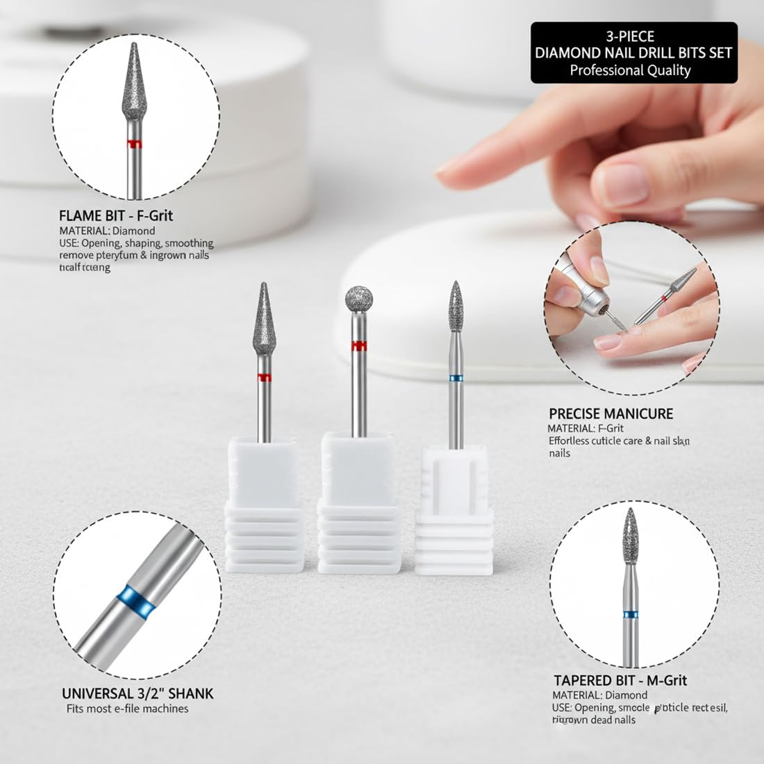 3 PCS Frese per Unghie in Diamante Set Completo per Preparazione Unghie per Saloni di Bellezza Rimozione Cuticole con Teste Sferiche e a Fiamma (3 Modelli)