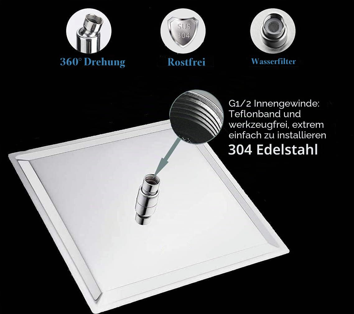 duschkopf regendusche 12 Zoll, Regenduschkopf 30x30cm Eckig aus Edelstahl, Selbstreinigende Regendusche Brausekopf Quadratisch, Chrom