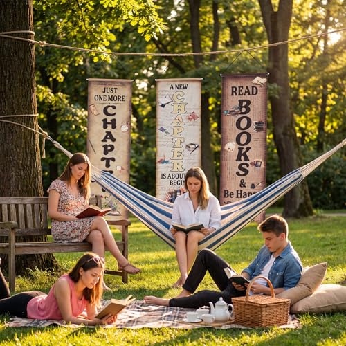 Image of Chiisong 3 Pcs Vintage Book Party Decorations Retro Book Club Banners Library Reading Porch Signs a New Chapter Hanging Flags Photo Prop Backdrop Supplies for Door Wall Yard Birthday School Classroom