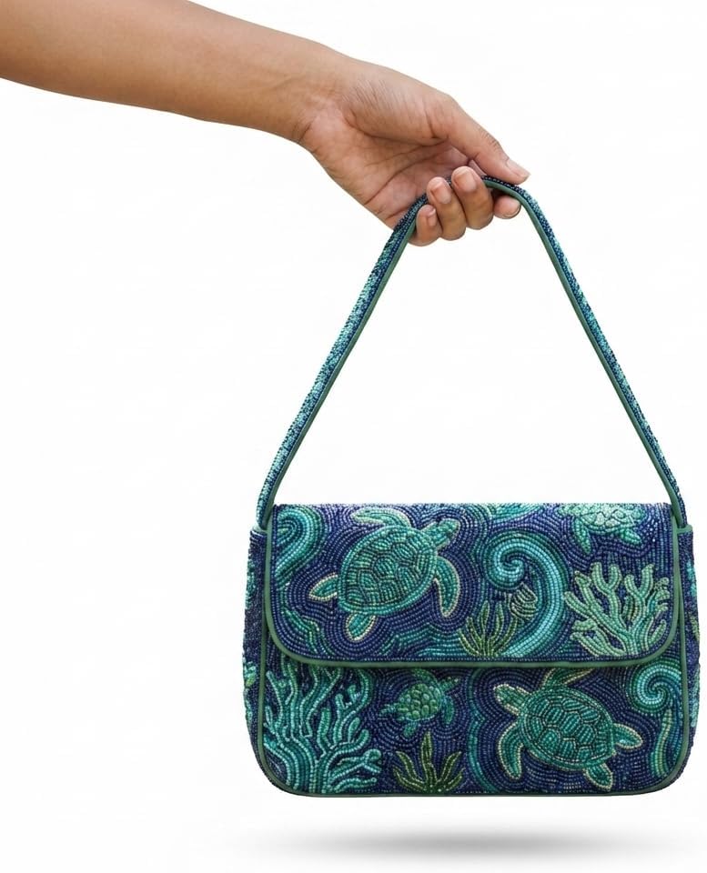 Handmade Beaded Sea Turtle Shoulder Bag - Handcrafted Nautical Ocean Reef Crossbody Purse with Magnetic Closure for Women, Navy Blue and Teal, 10x6 Inch