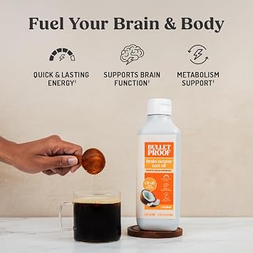 Bulletproof Brain Octane C8 MCT Oil, 32 oz 100% Pure Coconut Oil, Triple-Distilled Keto Energy Supplement for Coffee & Smoothies, Unflavored, No Additives or Fillers, Non-GMO