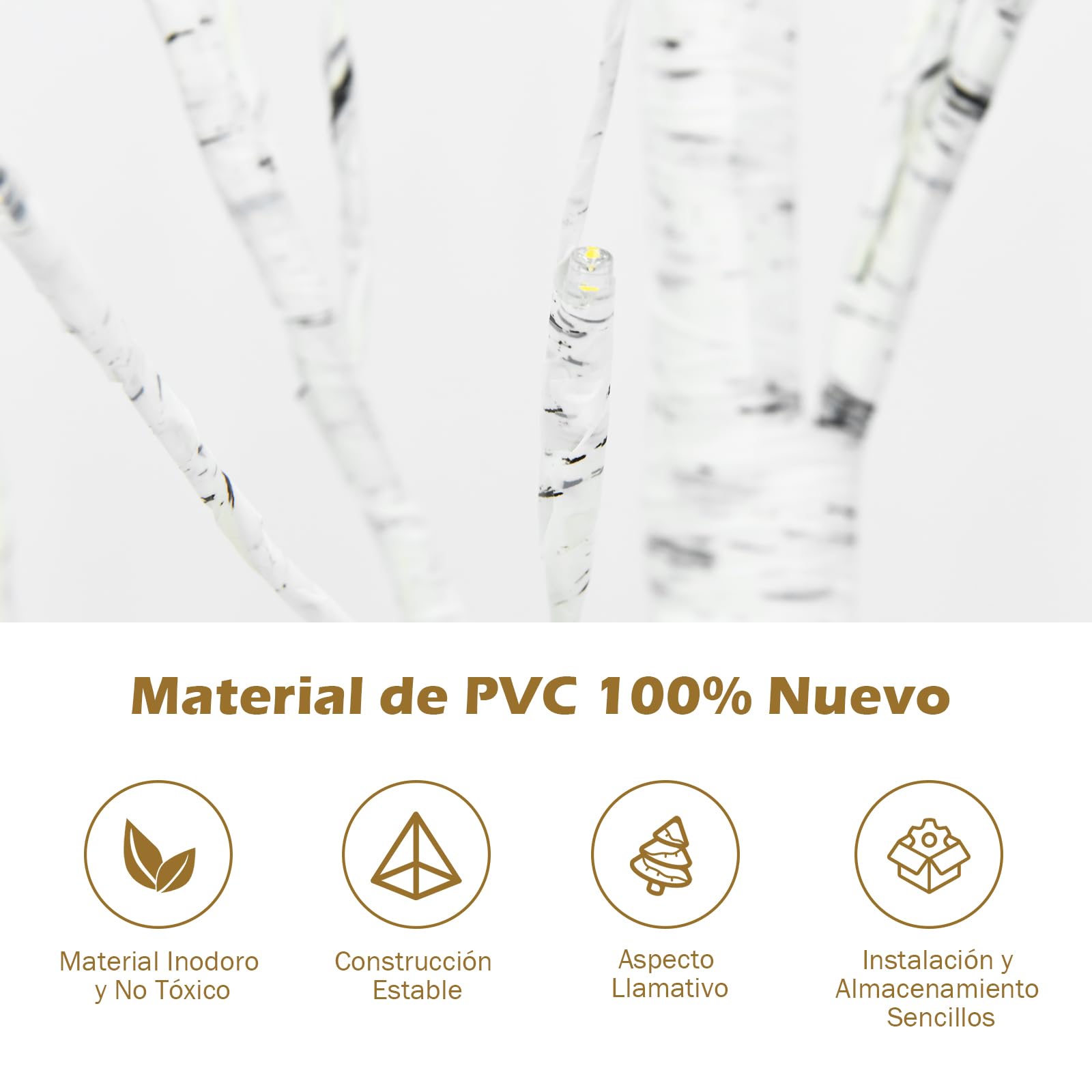 GYMAX Árbol de Navidad 120/150/180 cm, Abedul Iluminado con 48/72/96 Luces LED Blanco Cálido, Árbol de Navidad de PVC, Decoración Brillante para Navidad, Hogar (150 cm)