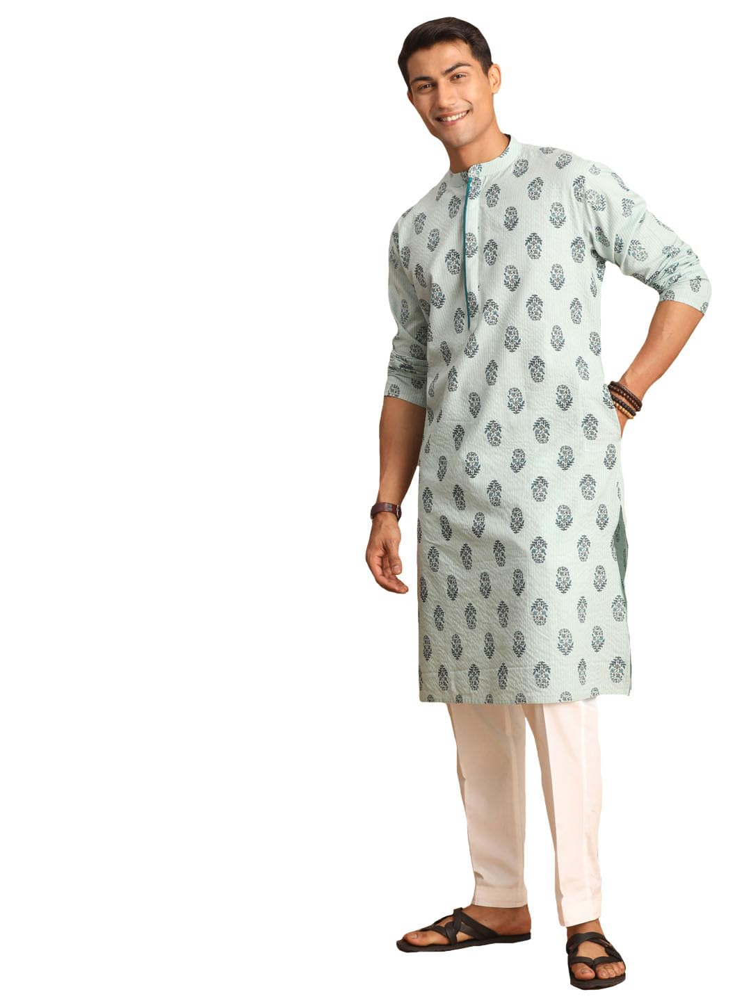 shvaas by vastramay Men's Aqua And White Cotton Kurta And Pyjama Set-AA303-picture-34