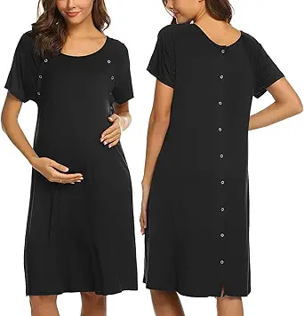 Women’s Nursing/Delivery/Labor/Hospital Nightdress Short Sleeve Maternity Nightgown with Button S-XXL