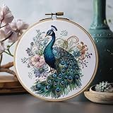 Counted Easy Cross Stitch Kits Peacock Color Stamped Embroidery for Starter Kits DIY 11CT Stamped Patterns Embroidery Needlework Kit Supplies 12 Inch Hoop Included(121-P)