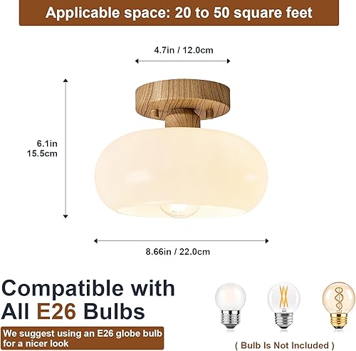 Miniatura 2 de Lámpara de techo semiempotrada moderna de mediados de siglo de madera sintética con pantalla de cristal, lámpara de techo blanca vintage para