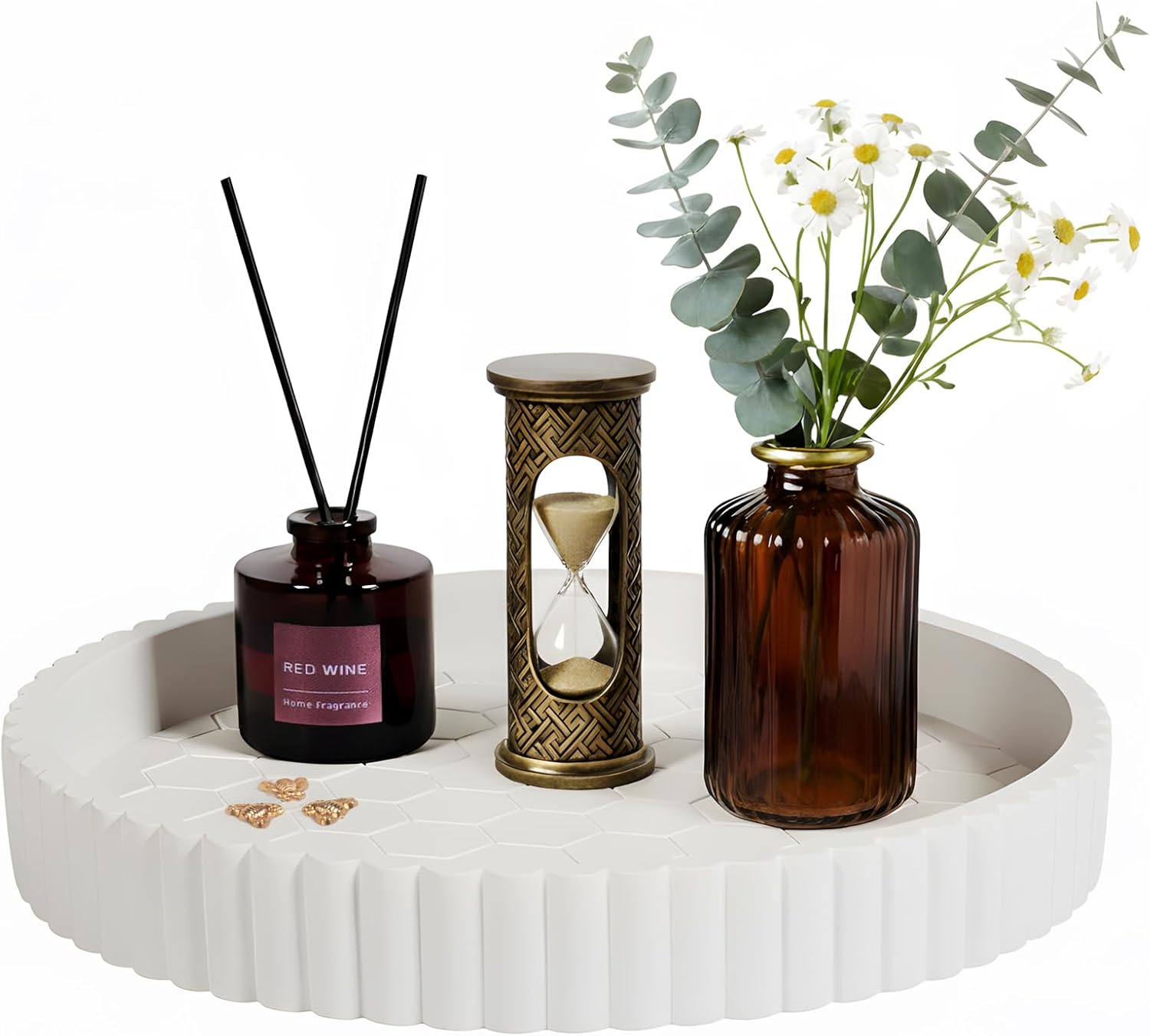 Round Decorative Tray for Coffee Table - Concrete Home Decor Tray - Coffee Table Decor - Table Trays Decorative - Centerpiece Tray with Aesthetic Honeycomb (White)