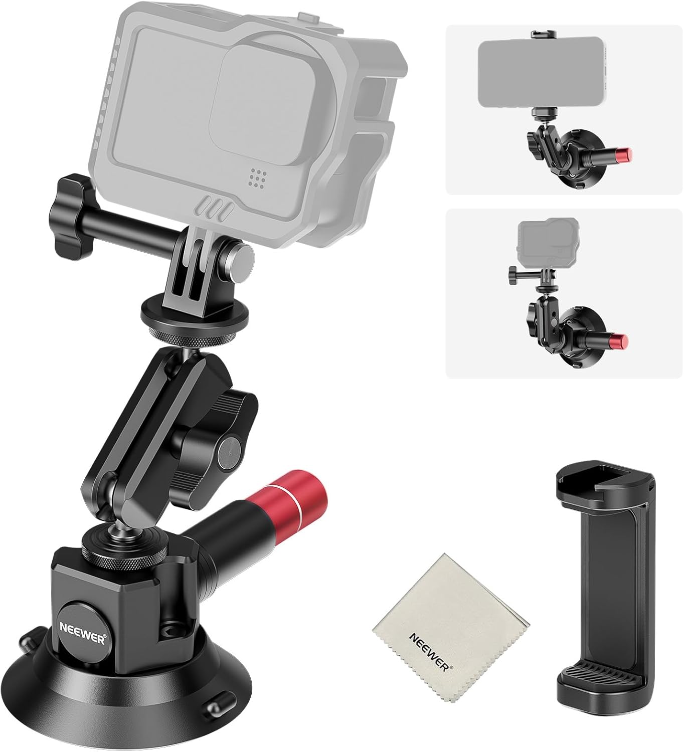 NEEWER 3" Suction Cup Mount with Phone Holder Action Camera Adapter Compatible with iPhone GoPro DJI Insta360, Ball Head Magic Arm Cleaning Cloth Quick Release Car Mount for POV Video Recording, CA104