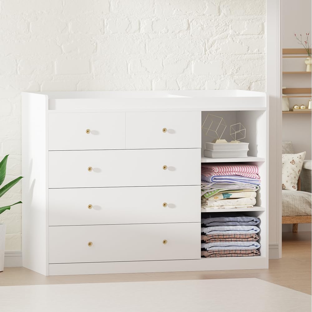 Diaper Changing Station Nursery Organizer Baby Classic Nursery Dresser with 5 Drawers and 3 Shelves Multi-Functional Baby Changing Table with Storage Modern (White)