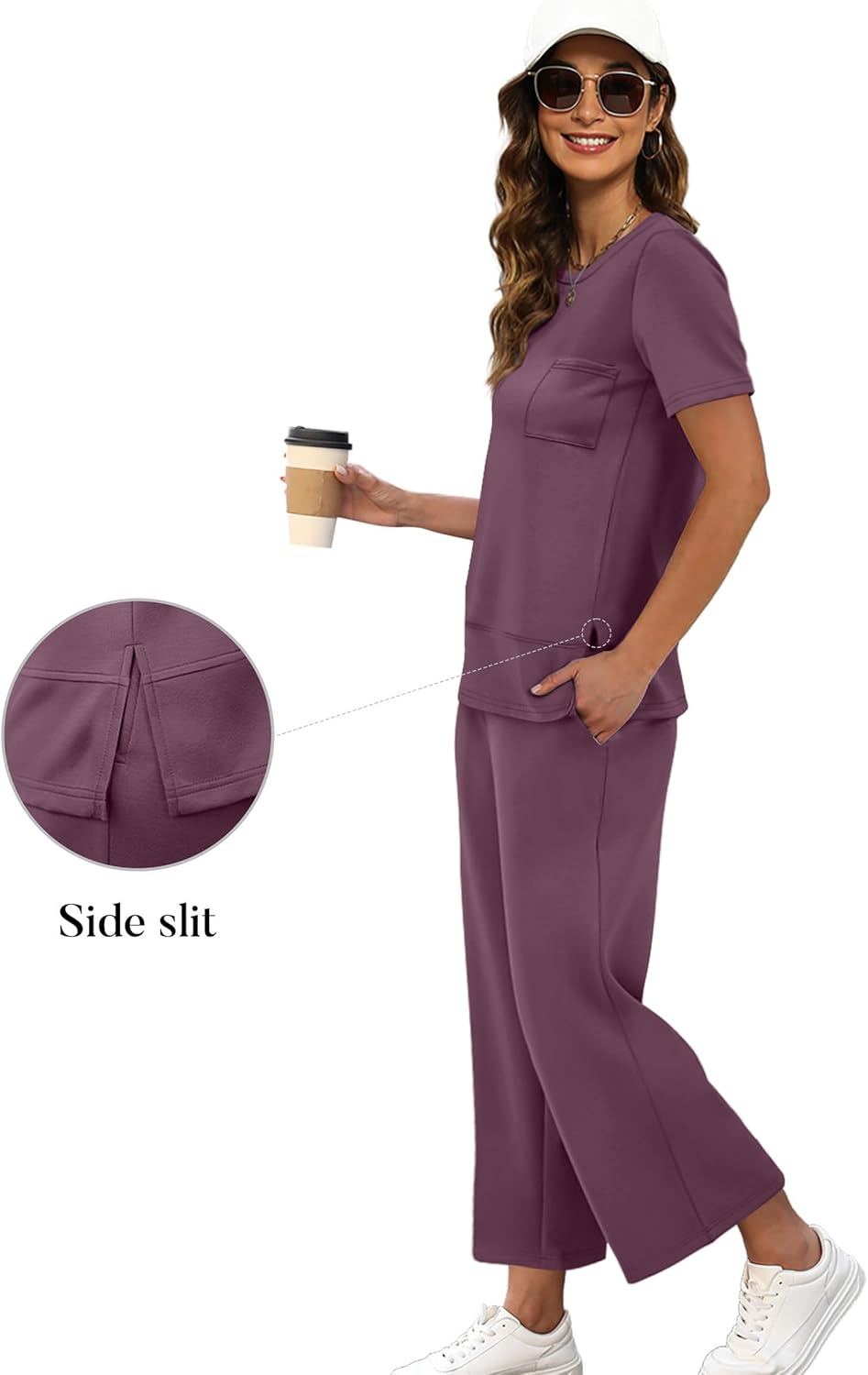 OFEEFAN Women's Lounge Sets Fashion Outfits Wide Leg Loungewear Side Slit Tracksuit for Vacation Travel Airport S-3XL - Image 3