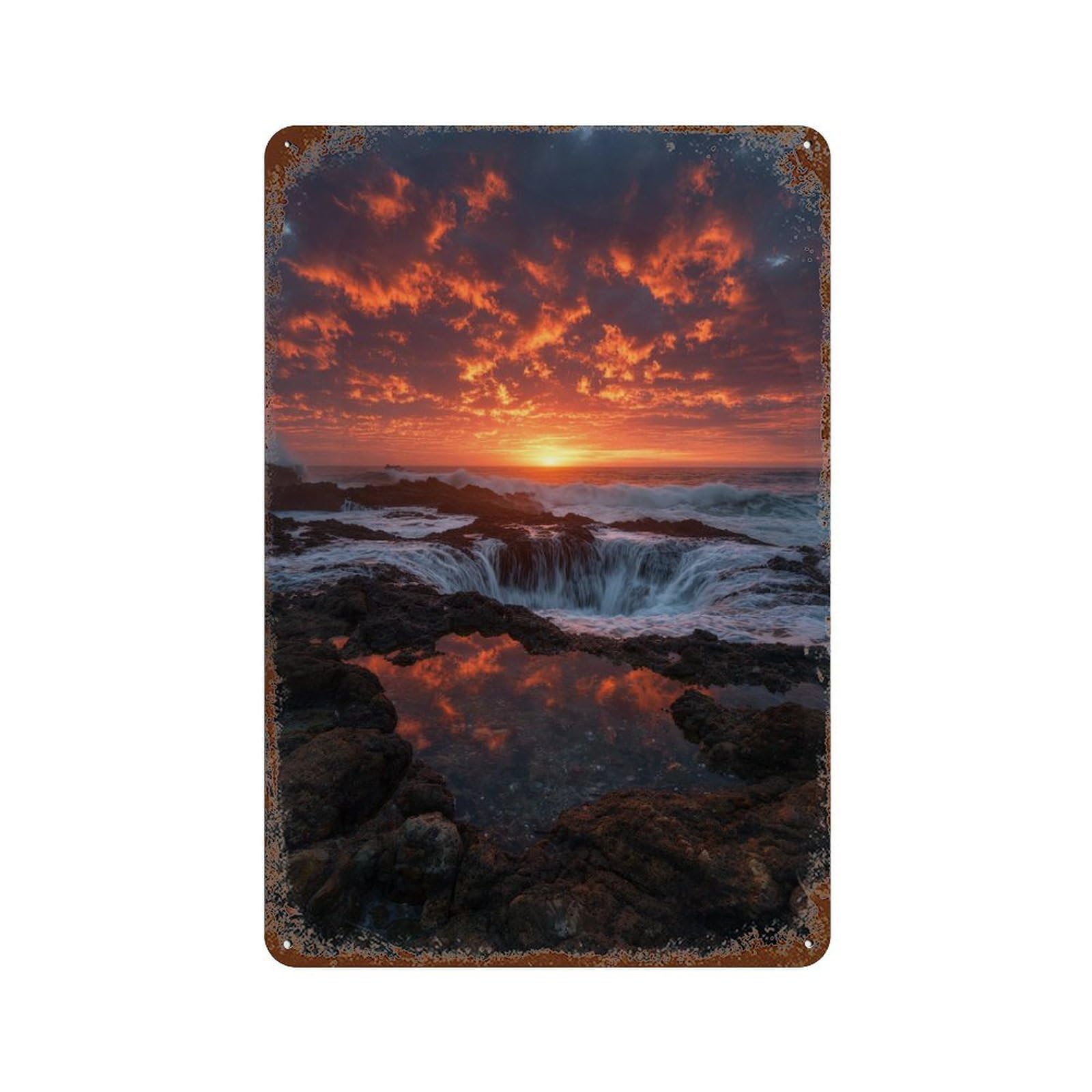 Thor's Well Sunset Majesty 11.8"x7.9" Aged Metal Wall Plaque, Classic Wall Plaque for Pub, Kitchen And Man Cave Decor