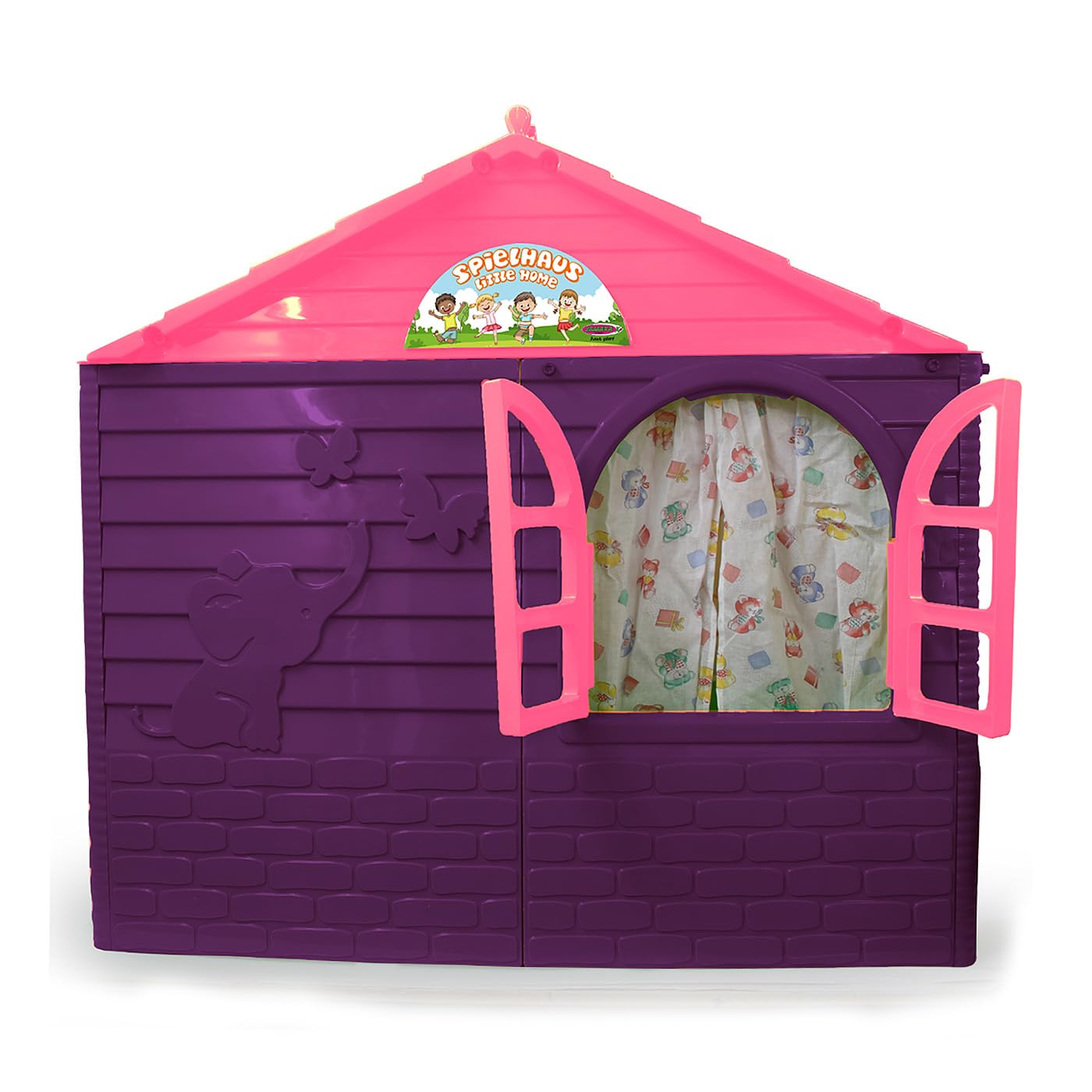 JAMARA Little Home 460498 - Casetta giocattolo in plastica robusta, montaggio stabile, facile da pulire, adatta per interni ed esterni, per porte e finestre si aprono, tende