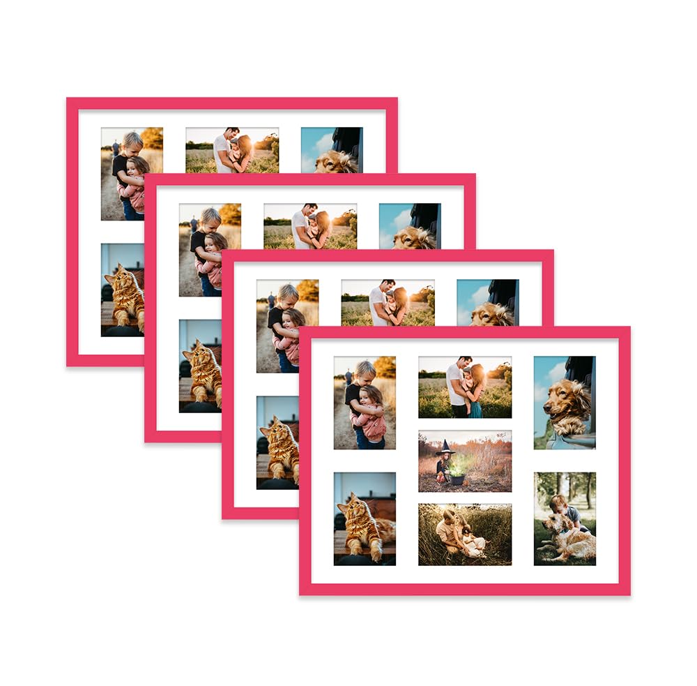 Bright Pink Multi Photo Frame - Holds 7 x 6x4 Pictures, Family Collage Picture Frame for Wall Display, 20x16 Frame size, Set of 4