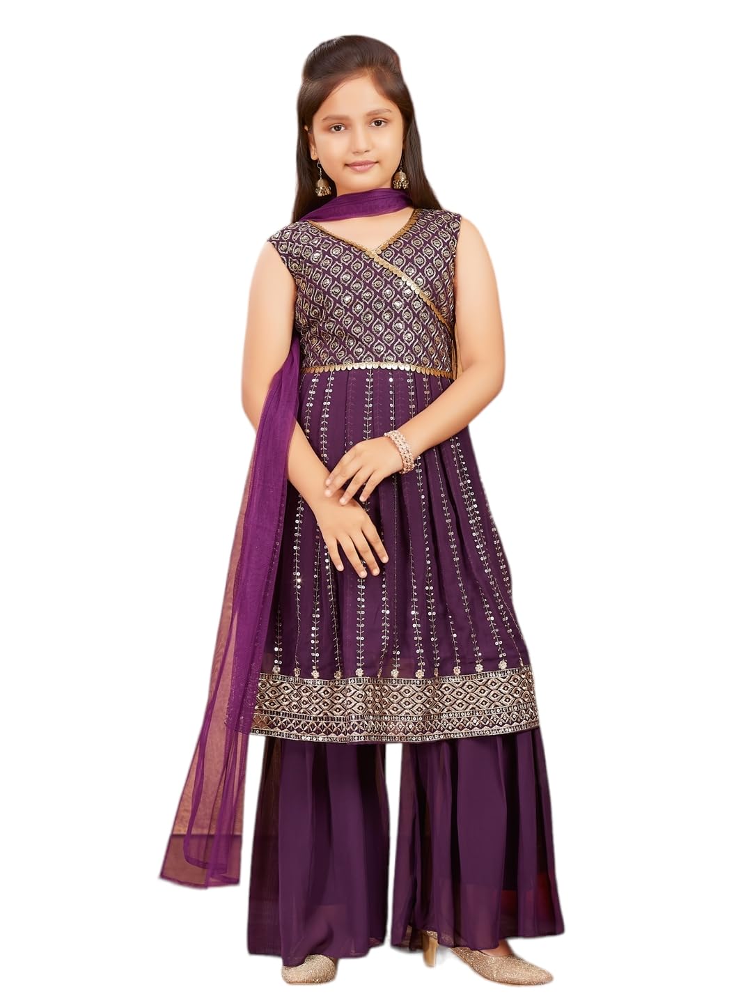 Aarika Girls Ethnic Wear Purple Colour Sequins Zari Embroidery Georgette Kurti Sharara Set (6-16 Years)