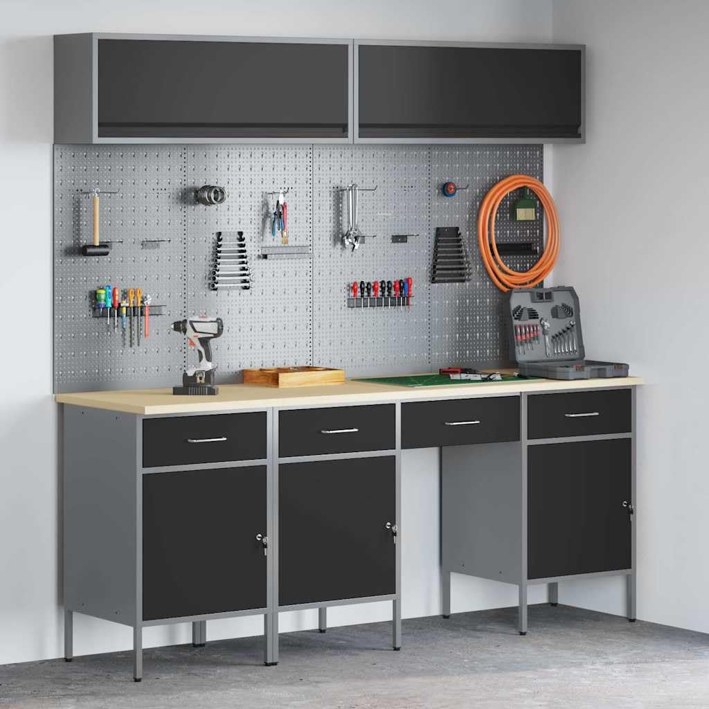 Juego de armarios de trabajo con cajones, 10 piezas, acero pulverizado y material de madera, 200 x 55 x 200 cm, con cerradura para pared de herramientas y sistema de organización que ahorra