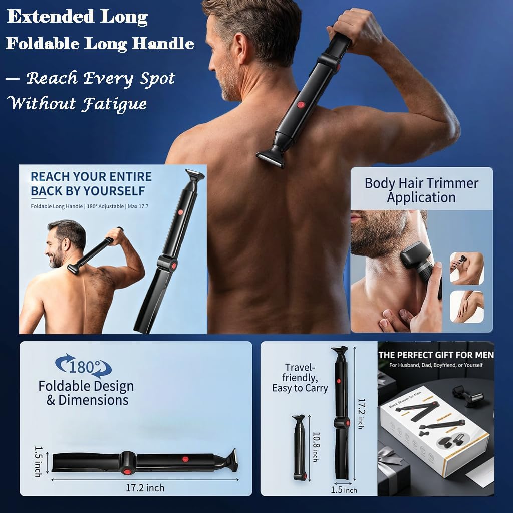 Back Shaver for Men, Dual-Head Body Trimmer, Foldable Handle | Electric Back Hair Trimmer with Trimmer & Foil Shaver Heads. USB Charging Mens Back Razor for Full Body Groomer Hair Removal