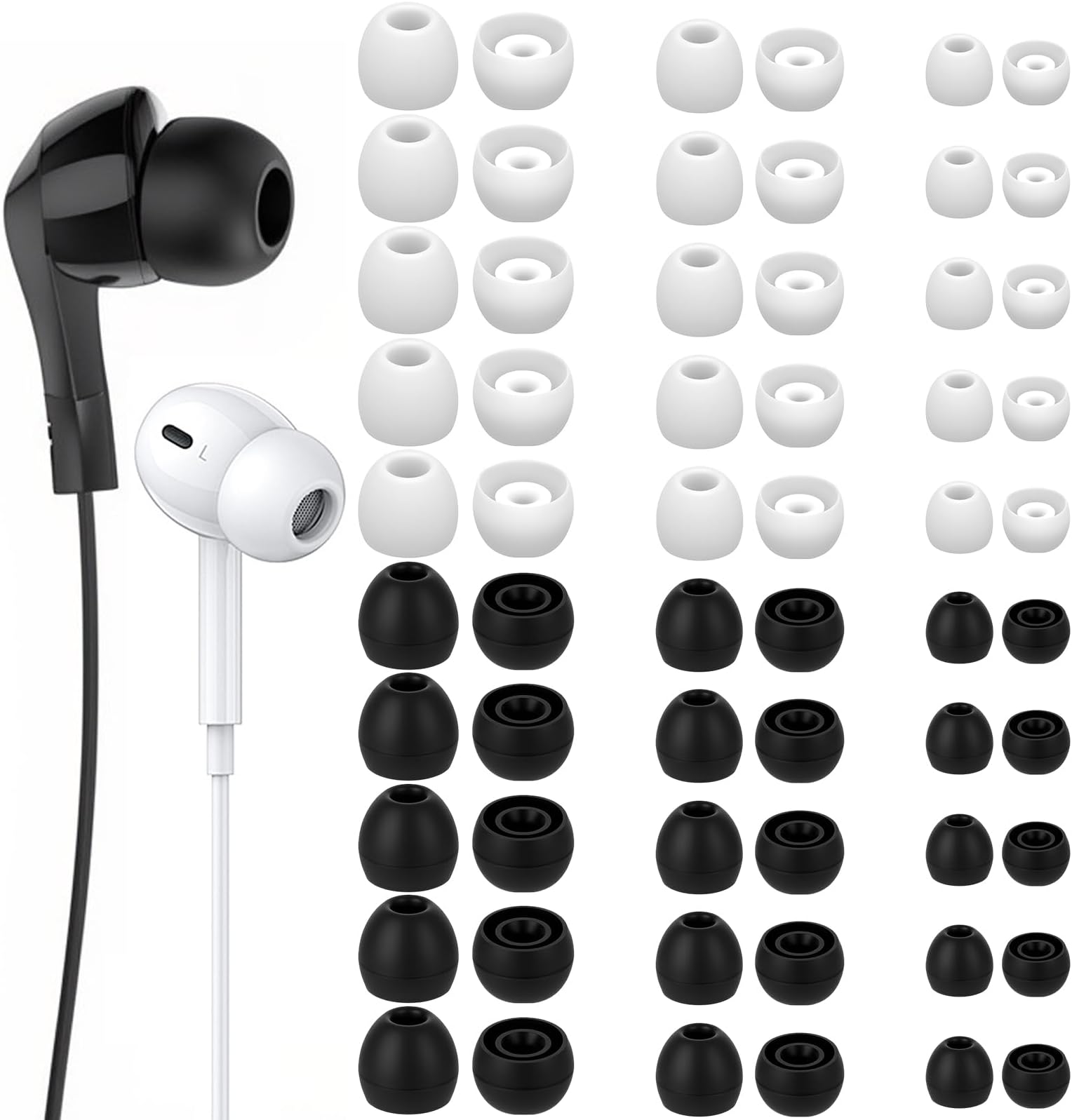 30 Pairs Silicone Ear Tips Replacement, Earbud Tips Covers for Most in-Ear Headphones, Soft Ear Bud Gels S/M/L Sizes, Replacement Earphone Ear Tips, 15 Black + 15 White