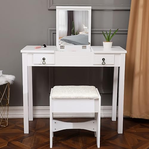 Miniatura 3 de Juego de mesa de maquillaje de madera maciza con espejo cuadrado abatible y taburete tapizado de 2 cajones, mesa de oficina plegable para