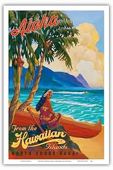 Hawaiian Air アートマップ ビンテージポスター Amazon.co.jp: ハワイアン航空 - ビーチでハワイの女性